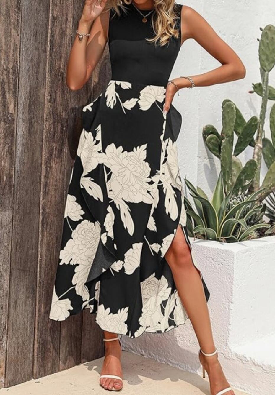 Black Floral Maxi Dress L NWT Sleeveless Ruffle Hem - Romantic Resort